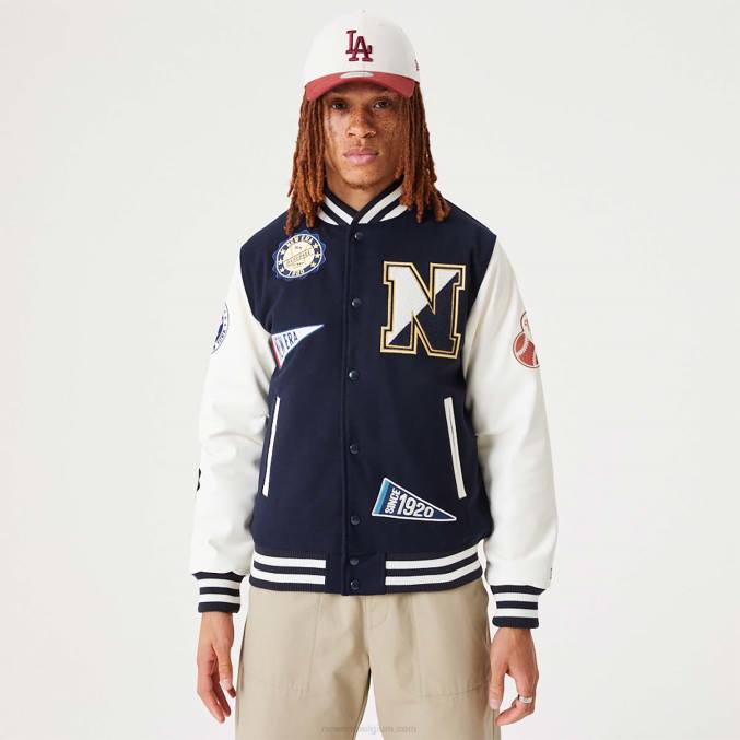 New Era Heritage marineblauw varsity-jack met all-over patch BT242564