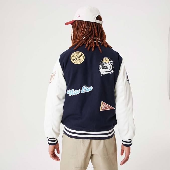 New Era Heritage marineblauw varsity-jack met all-over patch BT242564