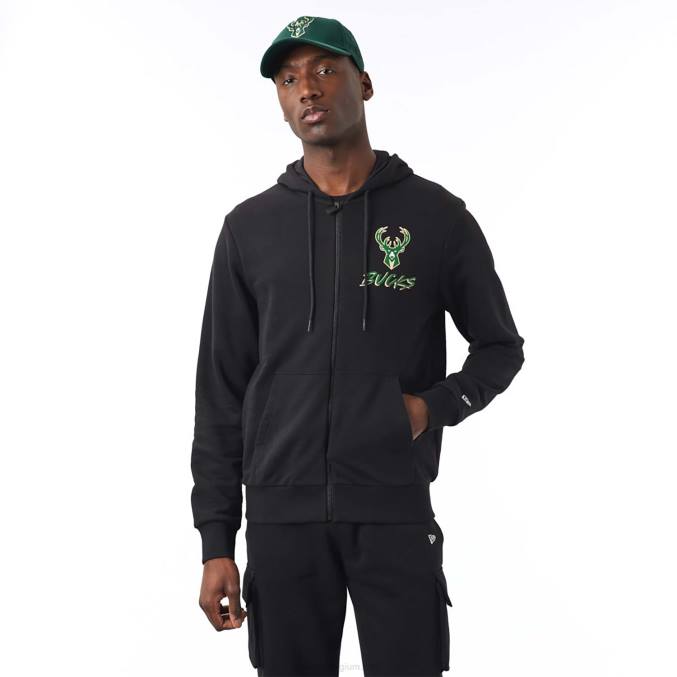 New Era milwaukee bucks nba script zwarte hoodie met rits BT242690